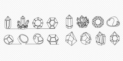 Obraz premium Continuous line drawing of various geometric crystals and gemstones, showcasing different facets and shapes in a minimalist style.