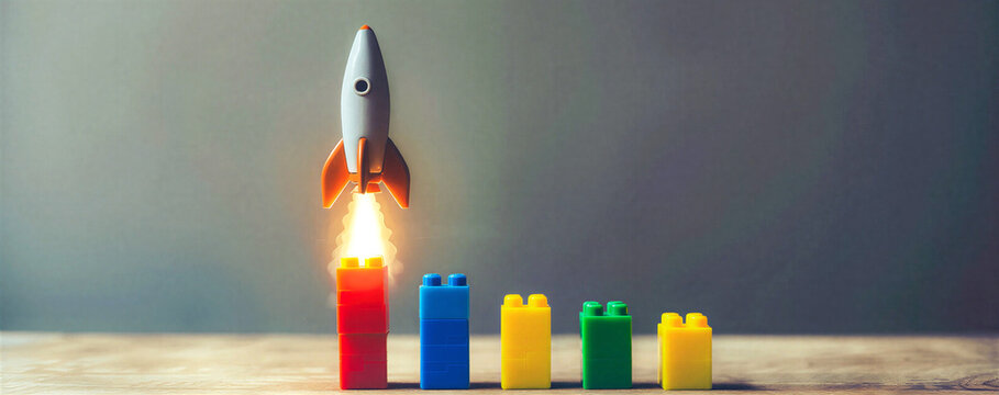 Colorful toy rocket launching over building blocks on table