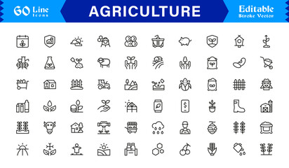 Fototapeta premium Agriculture Line Icon Set – Professional Modern Farming Symbols, Minimal Outline Vector Icons, Pixel Perfect Editable Collection