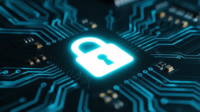 A bright glowing digital padlock symbol illuminates a detailed futuristic circuit board with blue light. Represents technology and data security.