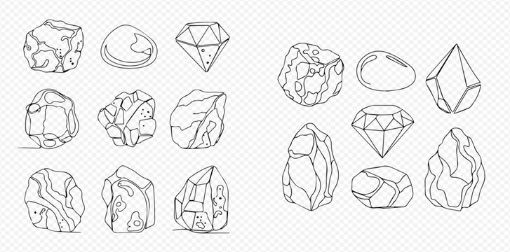 Set of various hand-drawn outline stones, rocks, and diamond gems on a transparent background.