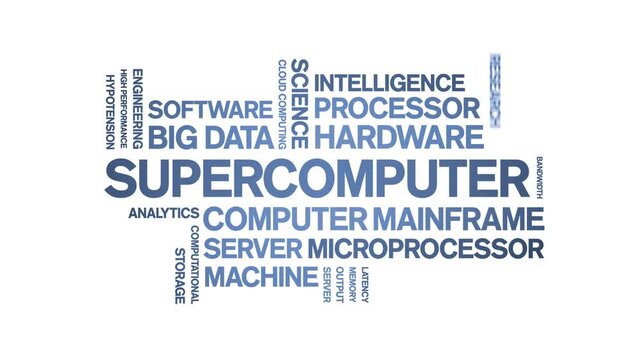 Supercomputer animated word cloud-text design animation tag kinetic typography seamless loop.