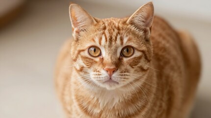 Naklejka premium A curious orange tabby cat looks directly at the camera with bright eyes