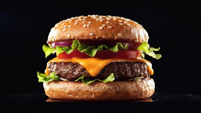 Delicious Double Cheeseburger with Fresh Ingredients on a Dark Background.
