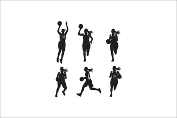 Obraz premium Vector silhouettes of people including a woman in black outline style showing action, dance, sport, family, and business themes on a white background