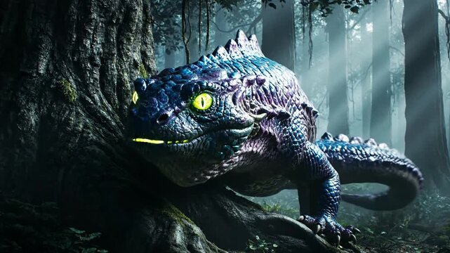 Dinosaur in Dark Forest Environment.