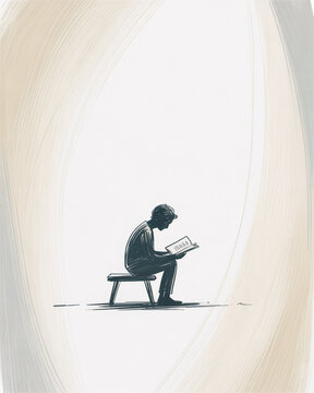 Minimal hand-drawn pencil illustration of a solitary human silhouette reading a book on a wooden bench with vast negative space