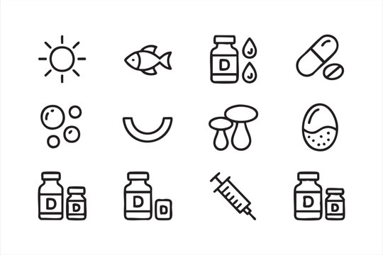 Vitamin D Supplement Line Icon Set with Health and Nutrition Symbols