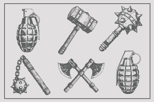 Vintage engraving style spiked flail weapon, hand grenade, battle hammer, double bladed battle axe, medieval mace vector illustration. Eps 10