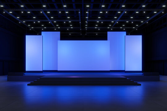 Empty stage Design for mockup and Corporate identity,Display.Platform elements in hall.Blank screen system for Graphic Resources.Scene event led night light staging.3d Background for online.3 render.