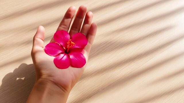 Hand holding pink tropical flower under sunlight shadow pattern wellness spa relaxation concept natural beauty skincare lifestyle aesthetic on soft beige background, feminine self care calm moment wit