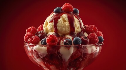 Delicious dessert with creamy vanilla mousse and fresh berries in a glass bowl