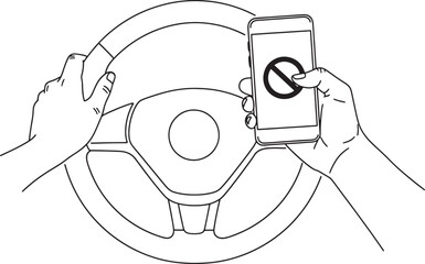 Hands holding steering wheel and smartphone with prohibition symbol while driving a car