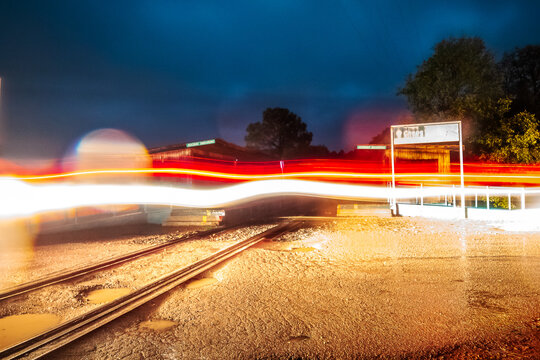 Train tracks, at the Chepe train station at night, in the town of Areponamichic, Chihuahua