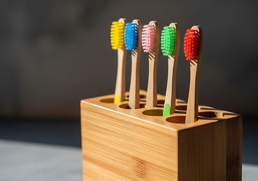 Colorful toothbrushes in a wooden holder on a table