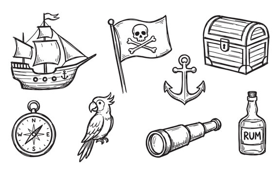 Hand-drawn doodle style illustration set of pirate adventure and nautical icons.