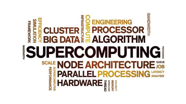 Supercomputing animated word cloud-text design animation tag kinetic typography seamless loop.
