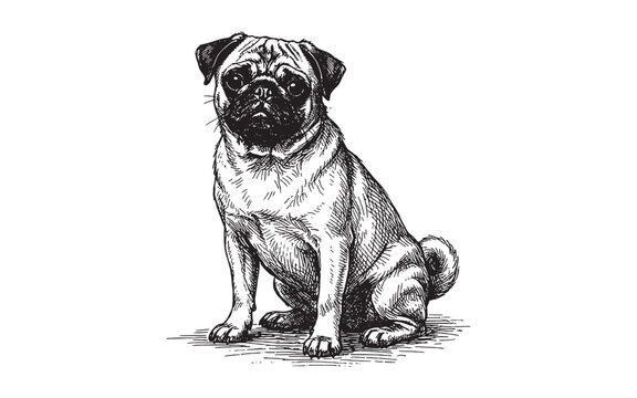 cute sitting pug dog vintage engraving illustration