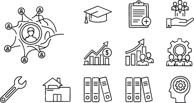 Human resources and professional education icon set featuring neural networking, graduation cap, career growth, team management, and archive folders in minimalist outline style.