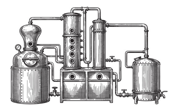 industrial distillery copper stills and tanks vintage engraving illustration
