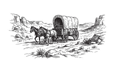 pioneer covered wagon pulled by horses in a desert landscape vintage engraving illustration © trianatio
