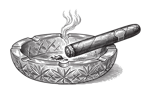 lit cigar resting on a glass ashtray with smoke vintage engraving illustration