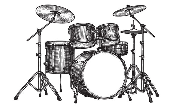 complete acoustic music drum kit with cymbals vintage engraving illustration