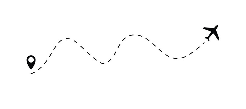 The plane icon follow from start pin point to finish by dashed line. Airplane dashed line path flat style design isolated on white background. Airplane route trace flight air map.