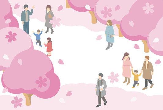 お花見を楽しむ人々のアイソメトリックイラスト。満開の桜、家族、カップル、子供たちの春の風景