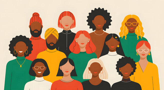A diverse group of people from different ethnicities and backgrounds standing together in unity and harmony.