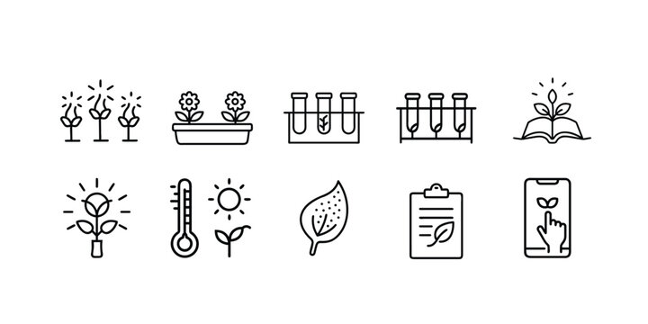 Smart agriculture and plant science outline icon set with lab test tube, flower pot, growth monitoring, book knowledge, temperature sensor, leaf health research more vector illustration 