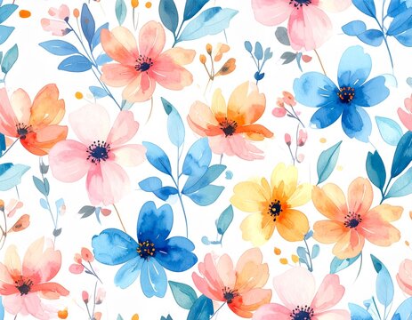 Delicate watercolor flowers seamless pattern filled with vibrant colors like pink, 