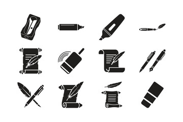 Fototapeta premium Set of black writing instrument icons on white background