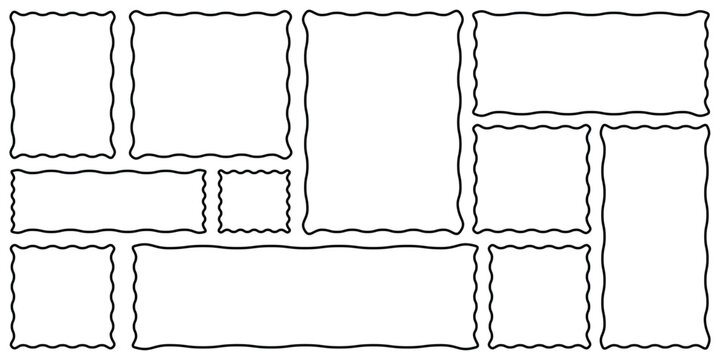 Rectangle shapes with curvy squiggly doodle lines. Zig zag wavy edge rectangle frame or border shapes set.  Set of Outline jagged rectangle shape. Geometric zig zag wavy edge stickers, frames, shapes.
