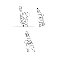 Obraz premium Child holding oversized pencil, minimal contour illustration
