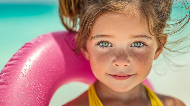 Portrait of a little girl with blue eyes and a radiant smile wearing a yellow swimsuit with a pink inflatable ring on a background of turquoise water. Summer joy, the concept of children's recreation,