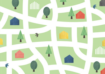 道と切り絵風の水彩の家の模様