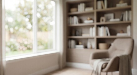 Fototapeta premium Minimal blurred modern living room interior background with natural light and copy space