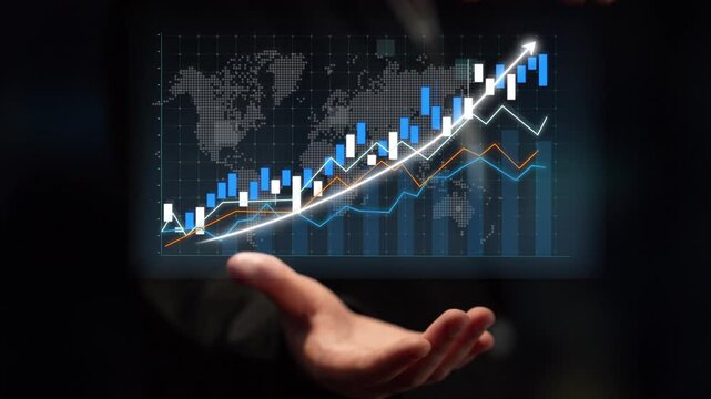 Financial graph held by a businessman showcases market growth and trends. The digital visuals combined with a global map background emphasize economic analysis and investment insights. Copula