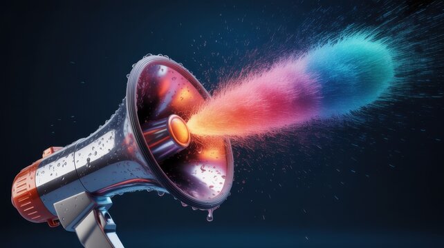 Megaphone with vibrant powder and water spray on dark background