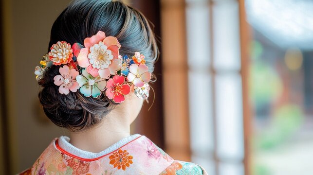 A traditional Japanese kanzashi hairpin featuring handcrafted flowers worn by a woman in a kimono