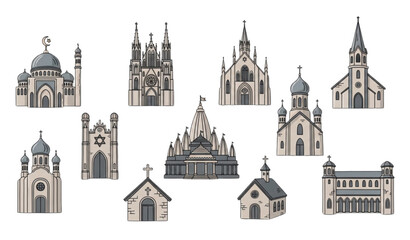 Naklejka premium Hand Drawn Religious Buildings Icon Set with Mosque Temple Cathedral Synagogue Vector