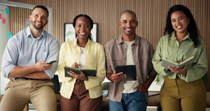 Happy, business people or face with team in office for about us, creative planning or development. Portrait, group or employees with smile or technology for project cohesion or inclusion in workplace