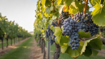 Naklejka premium Ripe dark grapes in clusters hanging from grapevines in a lush vineyard at sunset.
