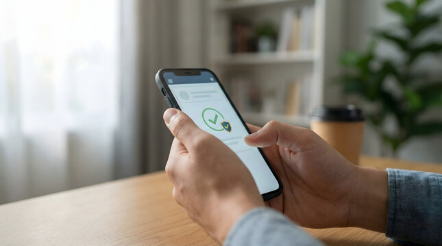 Person holding a smartphone displaying a digital health pass on the screen, showcasing a green checkmark indicating verified status