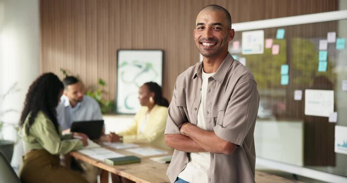 Creative, face and man with arms crossed, boardroom and happy for career growth with marketing team. Laughing, brand specialist and person with smile for campaign strategy in meeting and advertising
