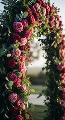Fototapeta premium Beautiful floral archway with pink roses and green leaves outdoors