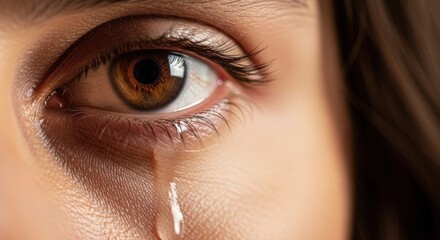 A very close-up shot of a person's brown eye with a single tear rolling down their cheek, conveying sadness and emotion.