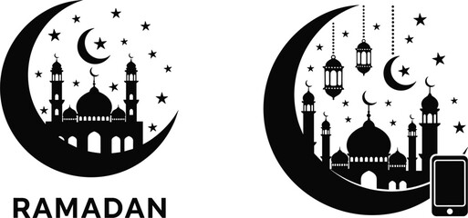 Obraz premium Ramadan Kareem digital celebration vector with mosque silhouette inside crescent moon featuring hanging lanterns stars and smartphone for mobile prayer app design