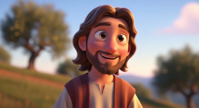 A friendly, animated cartoon depiction of Jesus smiling in a serene outdoor setting with olive trees.
